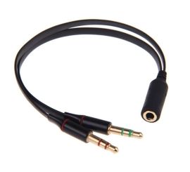 Υποδοχή ήχου 3,5mm Y-Splitter M/F, Stereo+Microphone, flat καλώδιο, μαύρο, συμπεριλαμβανομένων ακουστικών iPhone/Samsung